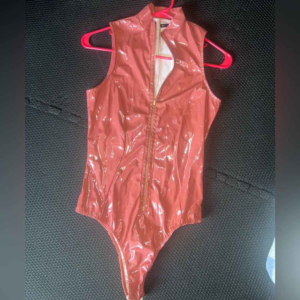Latex wet look zip up bodysuit , Coral size small